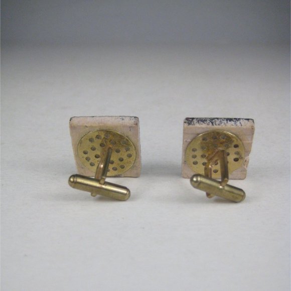 Ceramic Enamel Goldtone Set 2 Bullet Cufflink Vintage Black Pink - Picture 4 of 6
